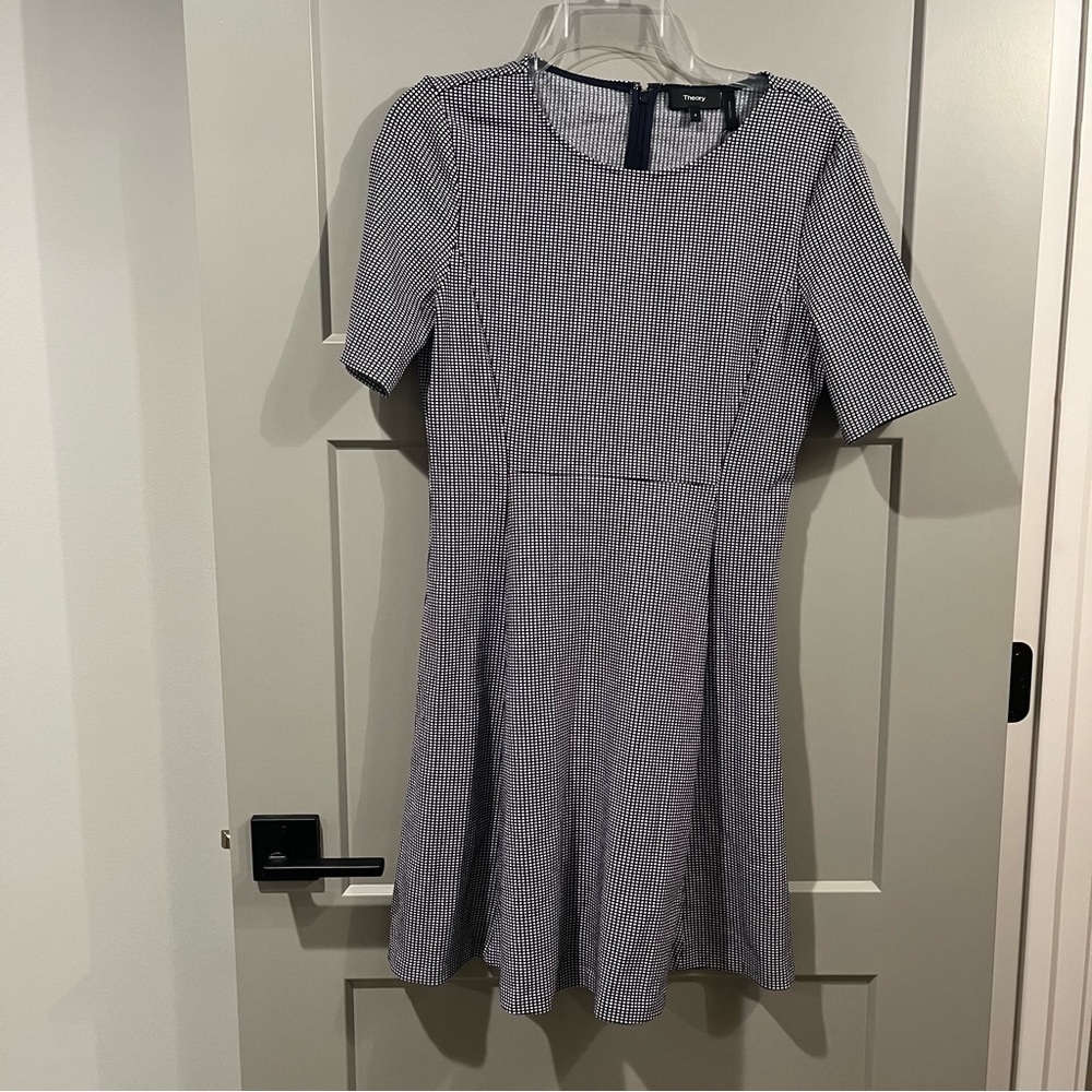 NWT Theory Size 8 Albita Short Sleeve Skater Flare Dress Checkered Navy Blue